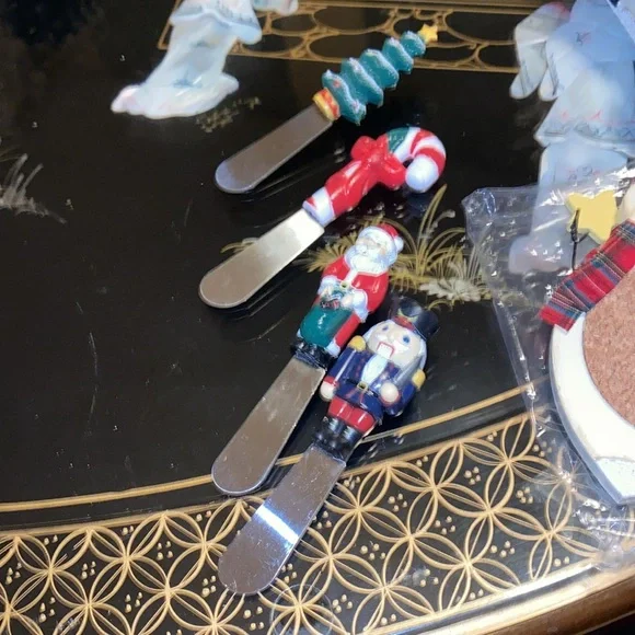 Vintage Christmas Cheese Knives 4 Wooden Painted Snowman Coaster Set 6 w/Holder - Picture 4 of 8